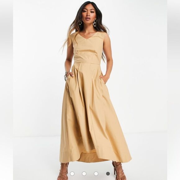 CLOSET Dress NEW High Low Pleated Midi Pockets Cotton in Camel Neutral Size US 8 - Picture 1 of 10
